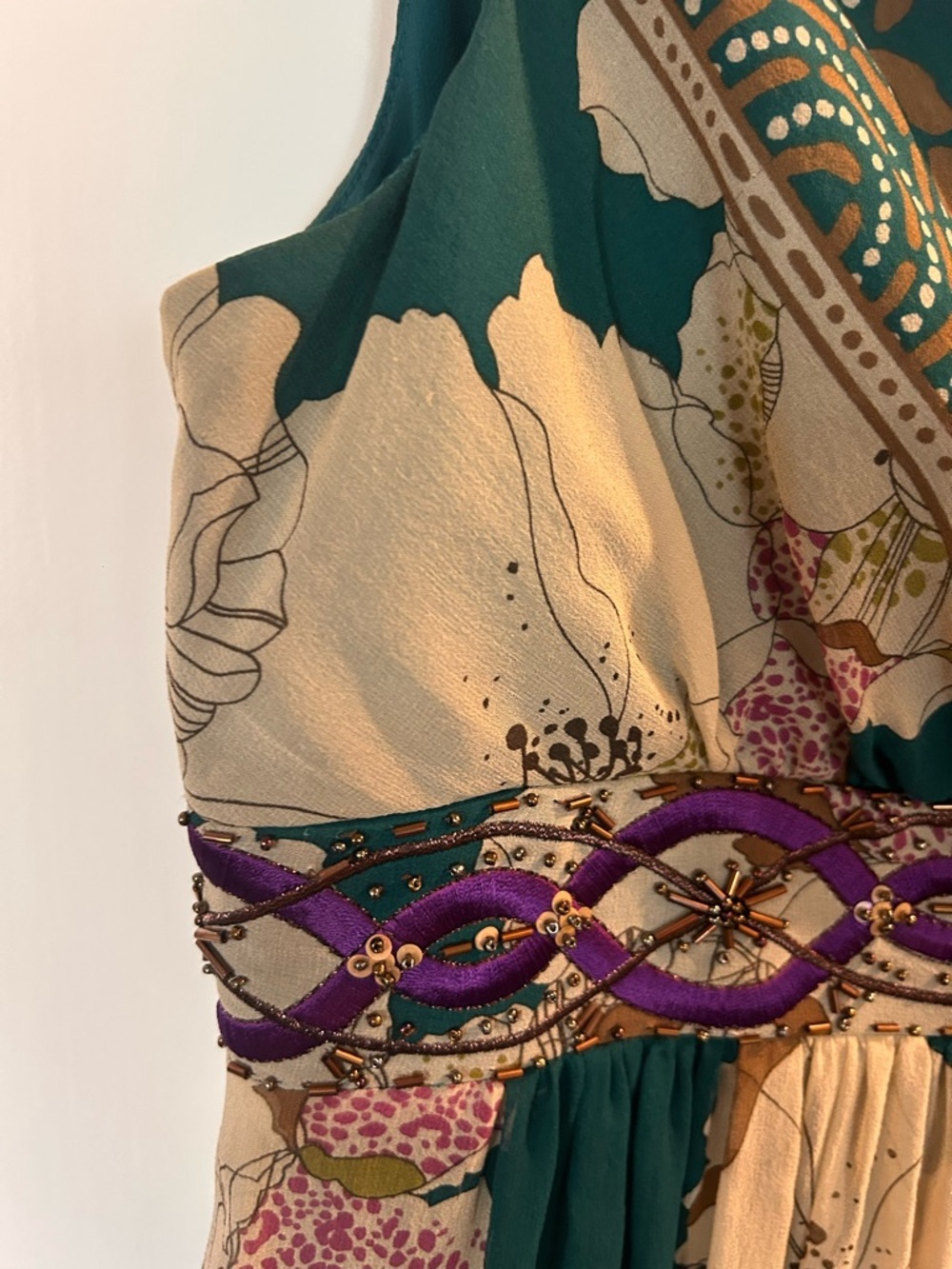Adrianna Papell Teal Floral V-Neck Silk Cocktail Dress w/beading, embroidery - Picture 5 of 13